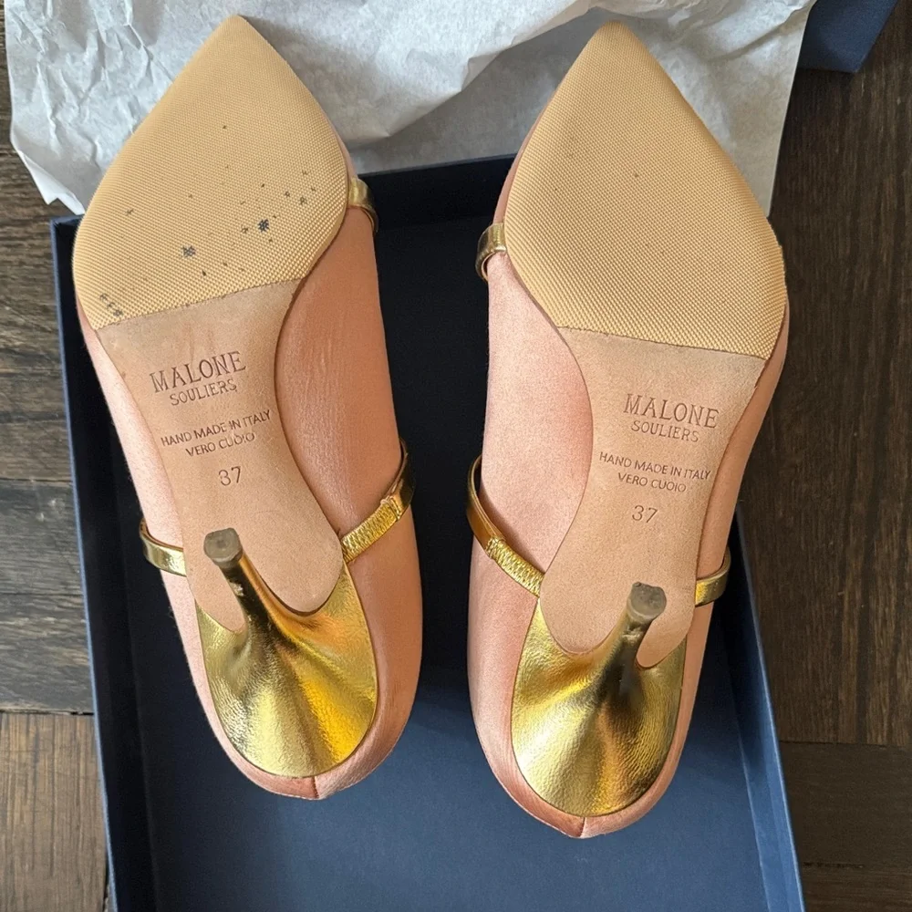 Authentic Used Malone Souliers Pink Blush and Gold Women's 70MM Heels Size 37 - Picture 11 of 16